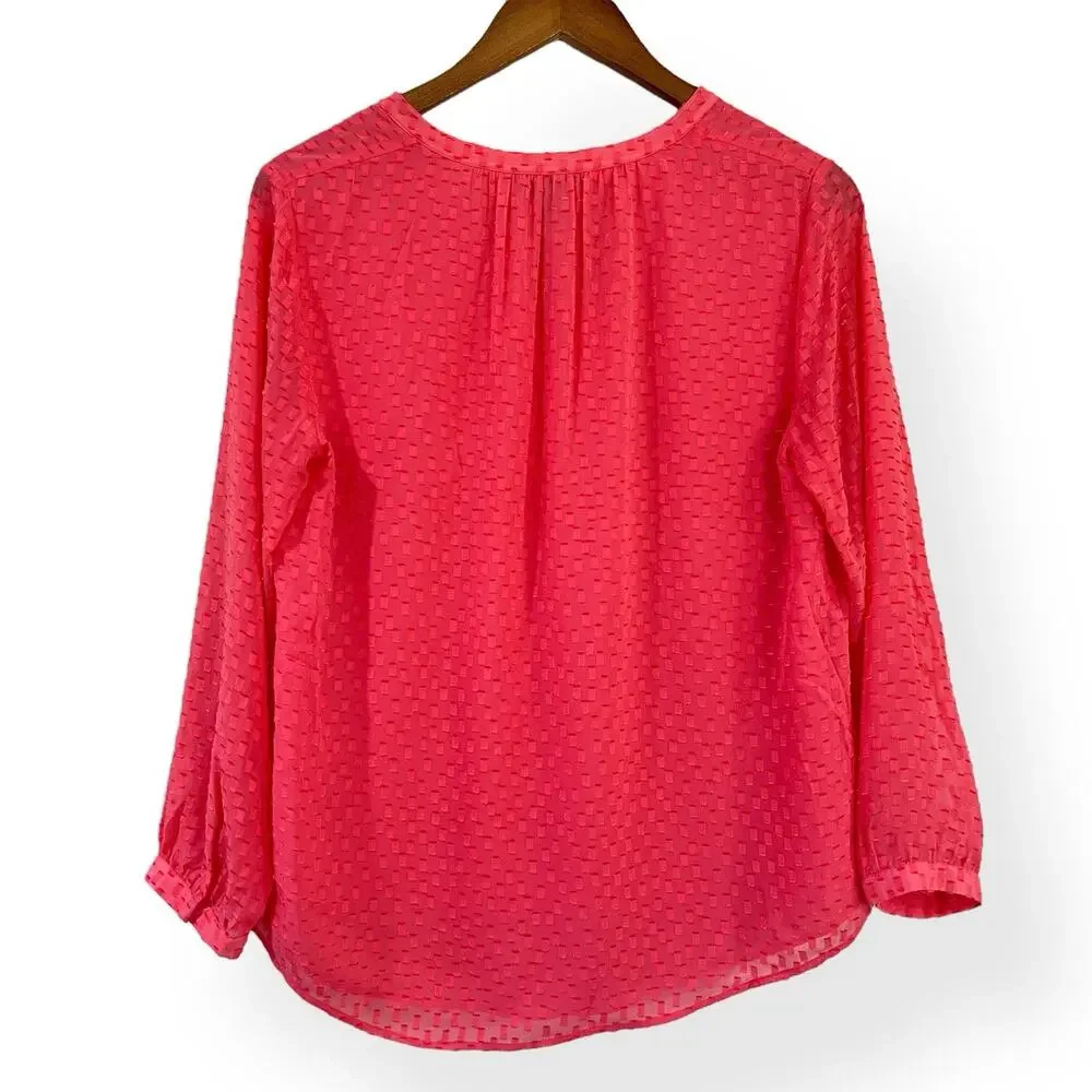 J. Crew Swiss Dot Silk Blend Blouse Size 4 Coral Pink Sheer Textured V-Neck